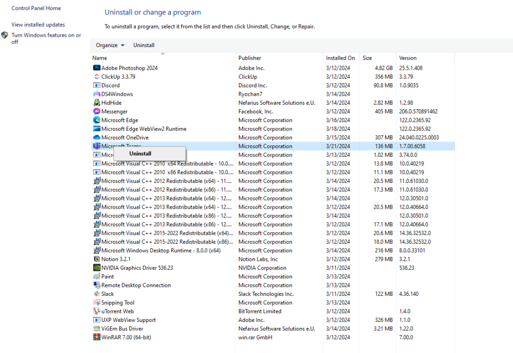 Uninstall Microsoft Teams